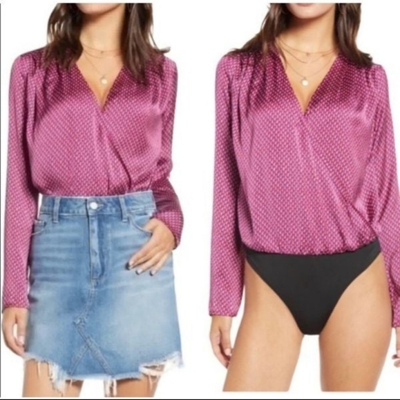 LEITH PINK PLUMIER FRANCES GEO SILKY BLOUSE/BODYSUIT SZ XS - Picture 1 of 7